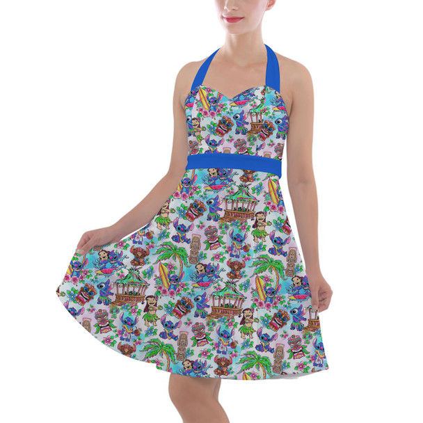 Halter Vintage Style Dress - Bright Lilo and Stitch Hand Drawn