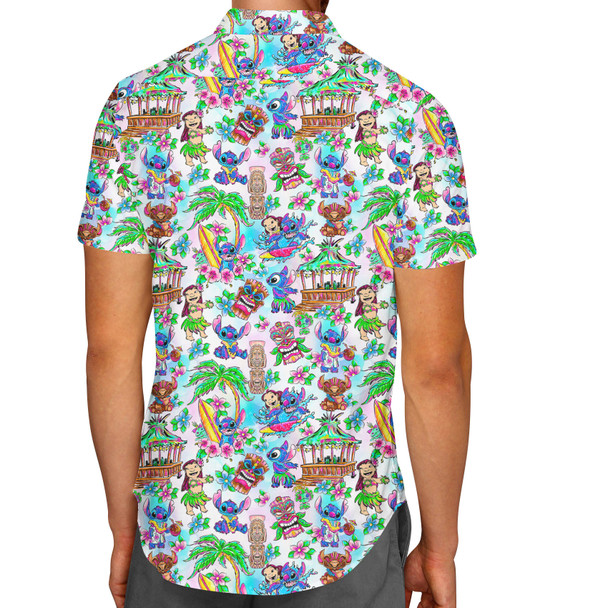 Men's Button Down Short Sleeve Shirt - Bright Lilo and Stitch Hand Drawn