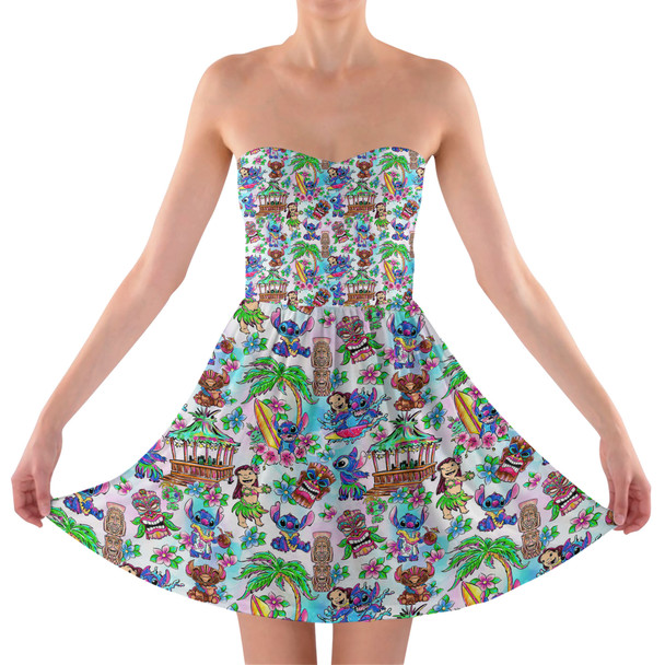 Sweetheart Strapless Skater Dress - Bright Lilo and Stitch Hand Drawn