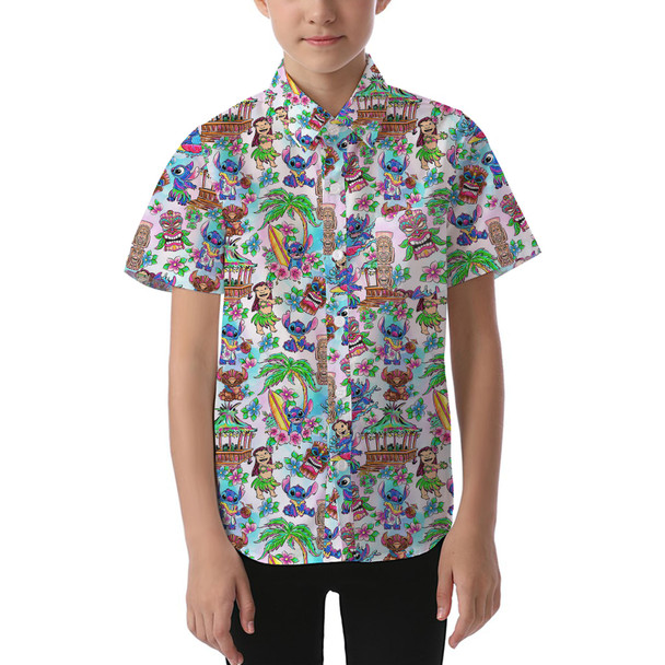 Kids' Button Down Short Sleeve Shirt - Bright Lilo and Stitch Hand Drawn