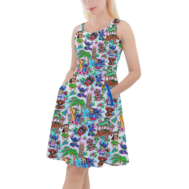 Skater Dress with Pockets - Bright Lilo and Stitch Hand Drawn