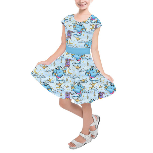 Girls Short Sleeve Skater Dress - Whimsical Genie and Magic Carpet