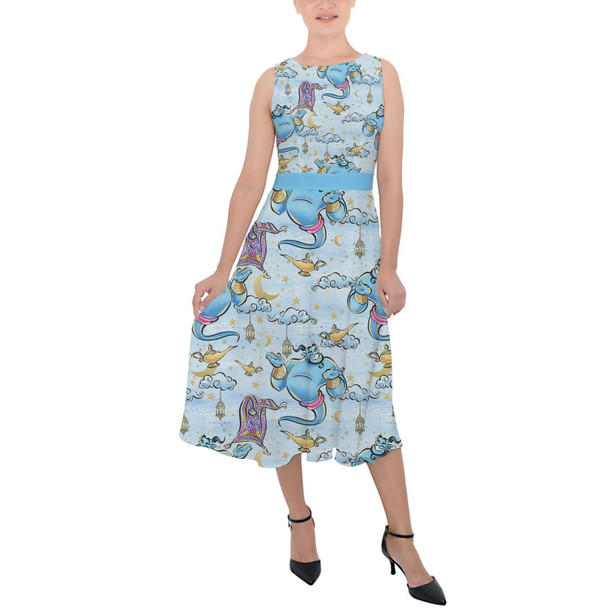 Belted Chiffon Midi Dress - Whimsical Genie and Magic Carpet