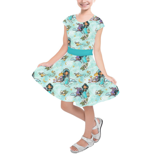 Girls Short Sleeve Skater Dress - Whimsical Princess Jasmine