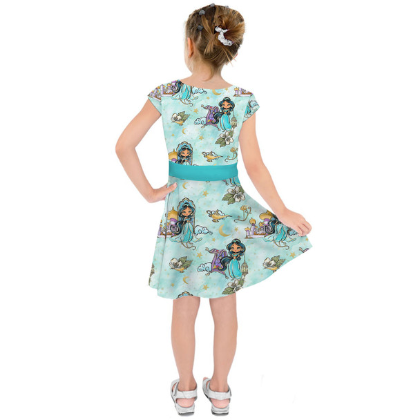 Girls Short Sleeve Skater Dress - Whimsical Princess Jasmine