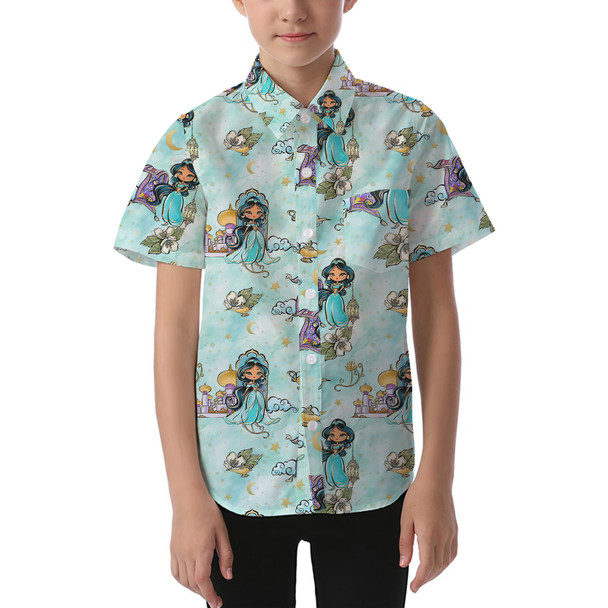 Kids' Button Down Short Sleeve Shirt - Whimsical Princess Jasmine