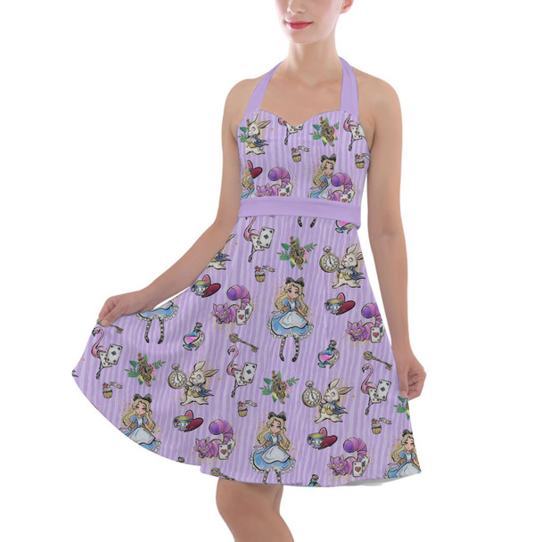 Halter Vintage Style Dress - Whimsical Alice And The White Rabbit