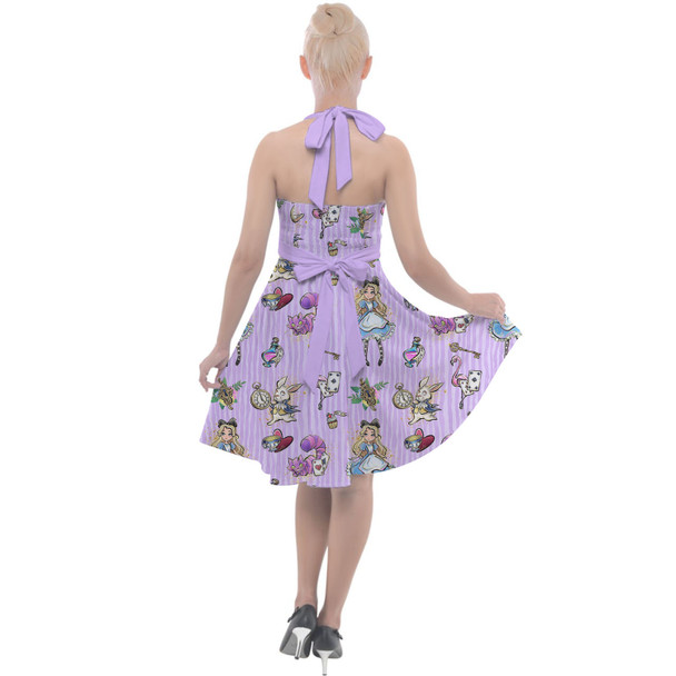 Halter Vintage Style Dress - Whimsical Alice And The White Rabbit
