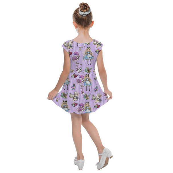 Girls Cap Sleeve Pleated Dress - Whimsical Alice And The White Rabbit