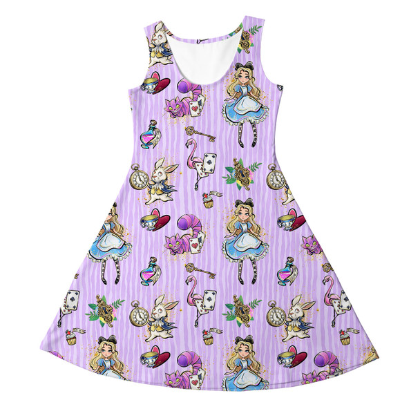 Girls Sleeveless Dress - Whimsical Alice And The White Rabbit