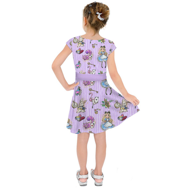 Girls Short Sleeve Skater Dress - Whimsical Alice And The White Rabbit