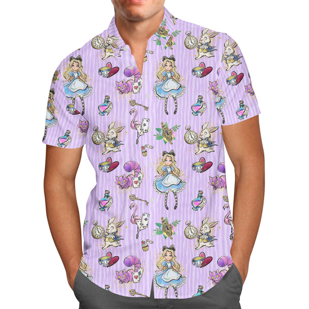 Men's Button Down Short Sleeve Shirt - Whimsical Alice And The White Rabbit