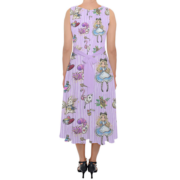 Belted Chiffon Midi Dress - Whimsical Alice And The White Rabbit