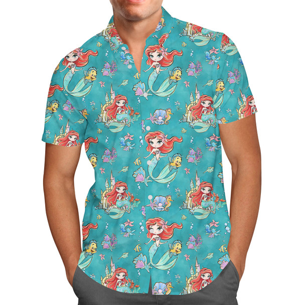 Men's Button Down Short Sleeve Shirt - Whimsical Ariel