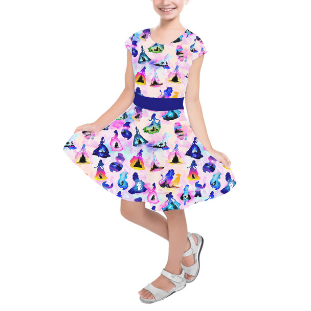 Girls Short Sleeve Skater Dress - Princess And Classic Animation Silhouettes