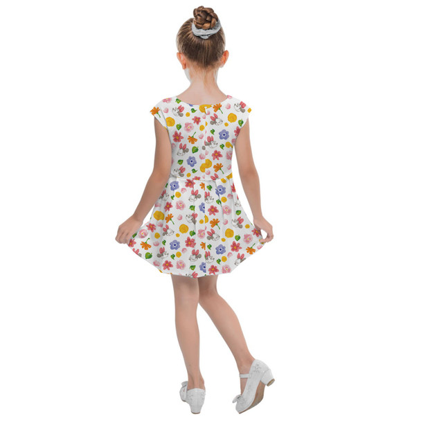 Girls Cap Sleeve Pleated Dress - White Floral Mickey & Minnie