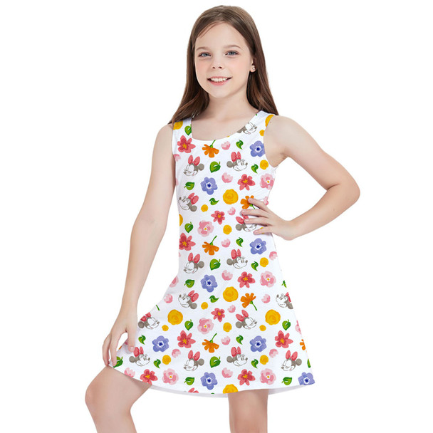 Girls Sleeveless Dress - White Floral Mickey & Minnie