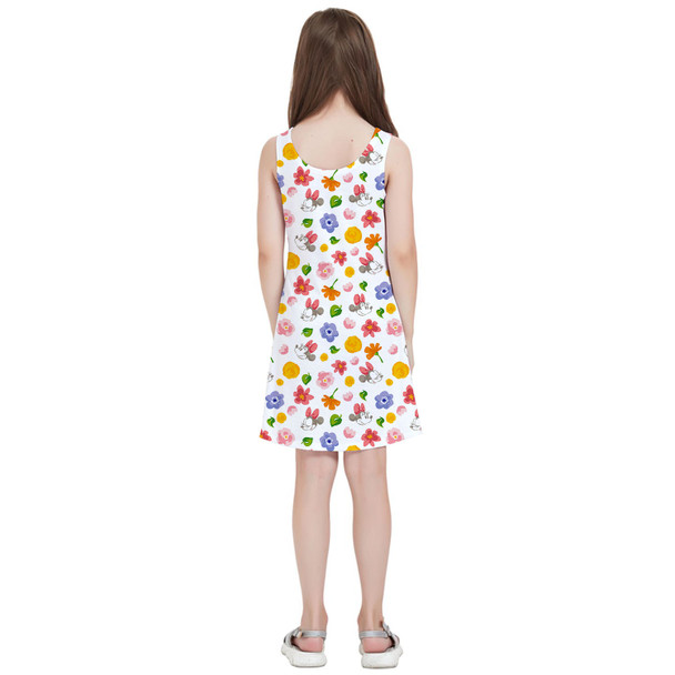 Girls Sleeveless Dress - White Floral Mickey & Minnie