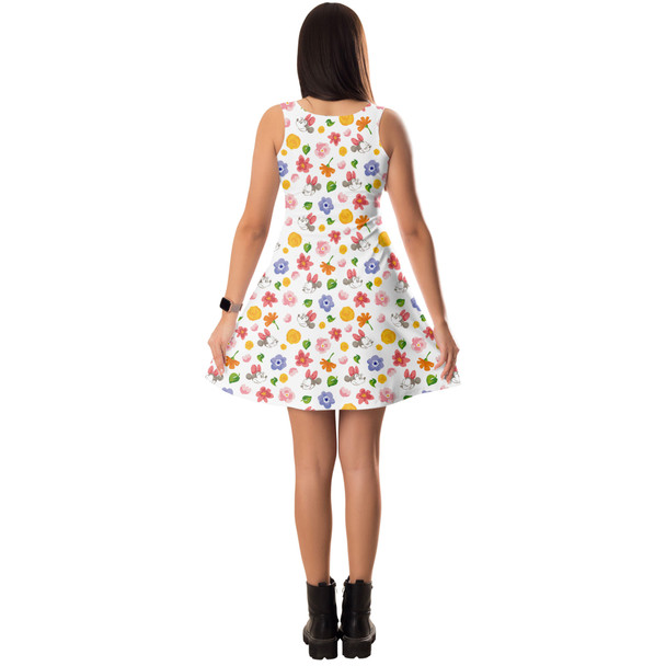 Sleeveless Flared Dress - White Floral Mickey & Minnie