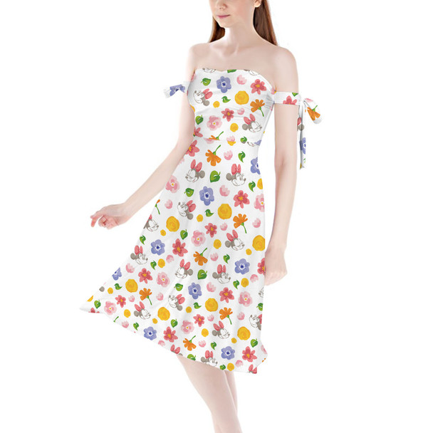 Strapless Bardot Midi Dress - White Floral Mickey & Minnie