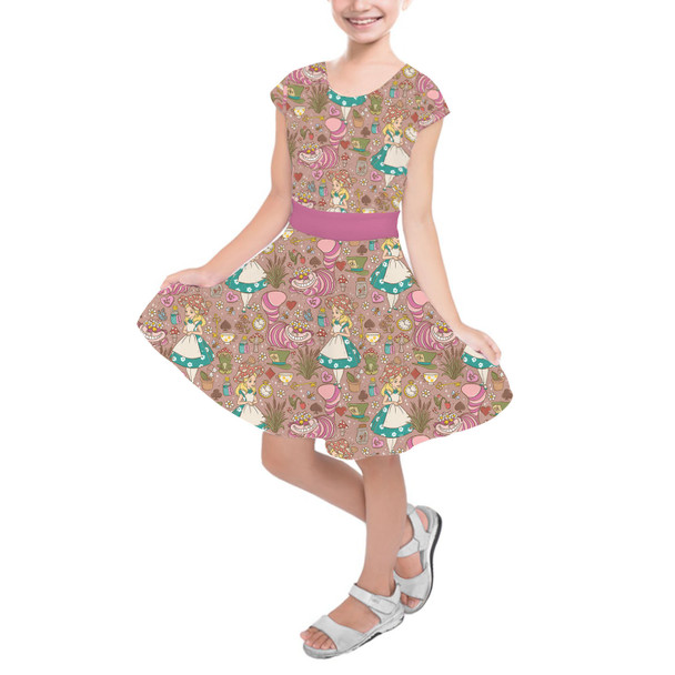 Girls Short Sleeve Skater Dress - Cottagecore Alice in Wonderland