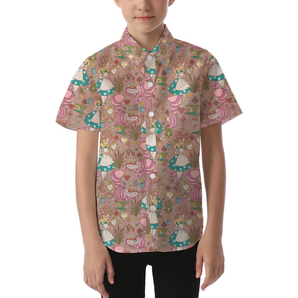 Kids' Button Down Short Sleeve Shirt - Cottagecore Alice in Wonderland