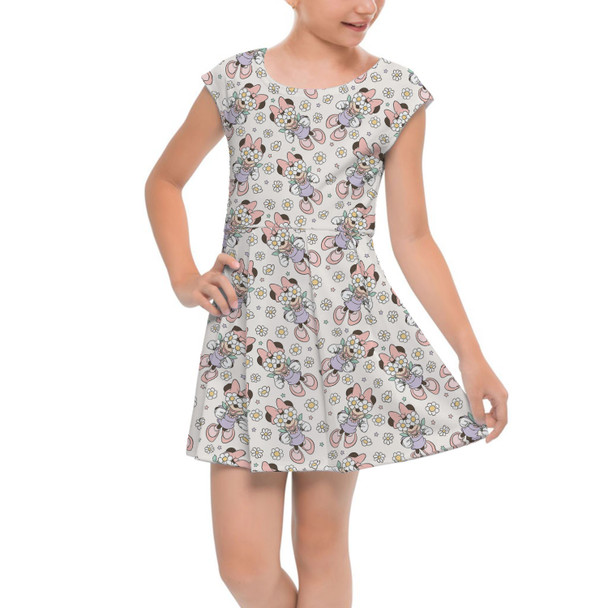 Girls Cap Sleeve Pleated Dress - Minnie Mouse with Daisies