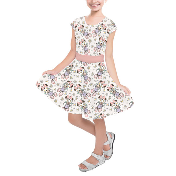 Girls Short Sleeve Skater Dress - Minnie Mouse with Daisies