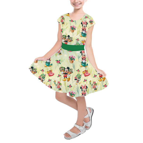 Girls Short Sleeve Skater Dress - Gardener Mickey and Minnie