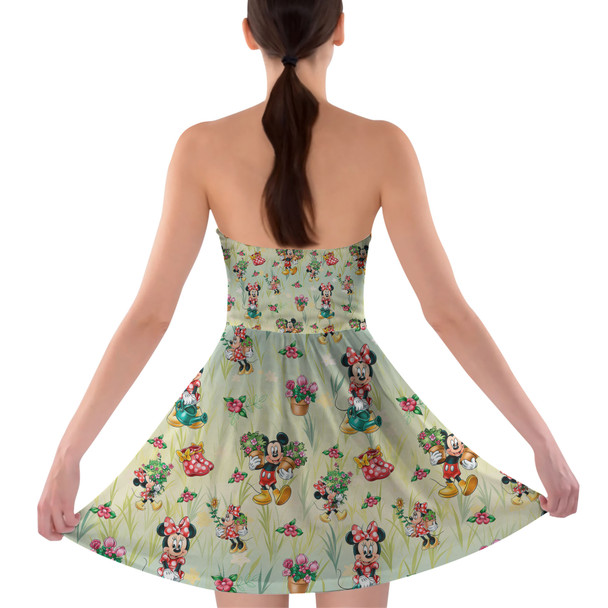 Sweetheart Strapless Skater Dress - Gardener Mickey and Minnie