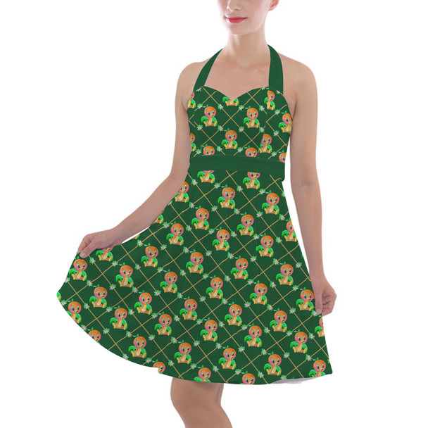 Halter Vintage Style Dress - Geometric Orange Bird