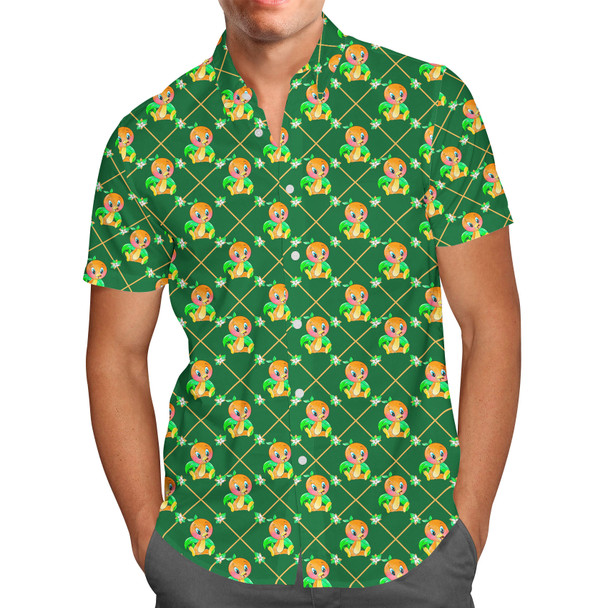 Men's Button Down Short Sleeve Shirt - Geometric Orange Bird