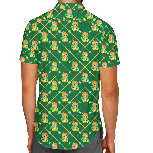 Men's Button Down Short Sleeve Shirt - Geometric Orange Bird