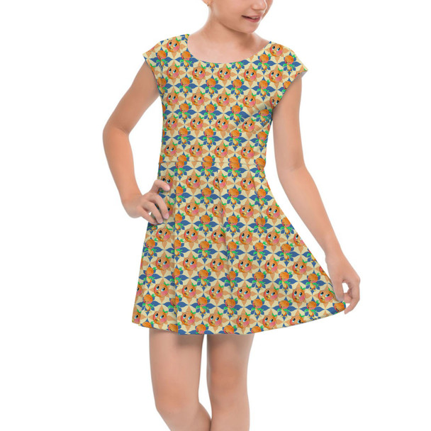 Girls Cap Sleeve Pleated Dress - Orange Bird Delight