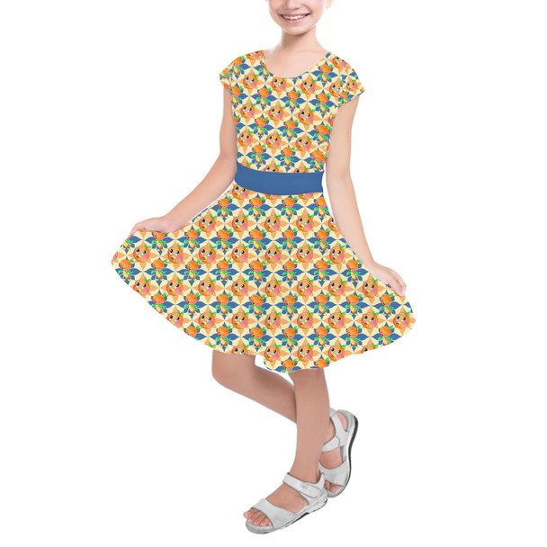 Girls Short Sleeve Skater Dress - Orange Bird Delight