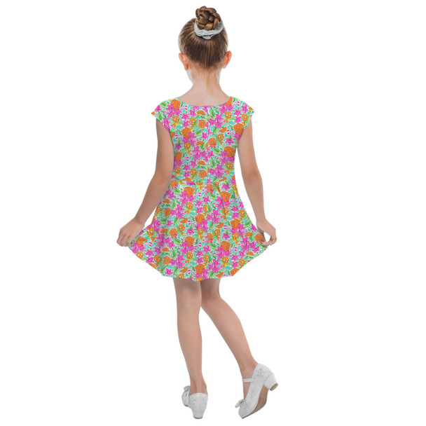 Girls Cap Sleeve Pleated Dress - Sunny Summer Orange Bird