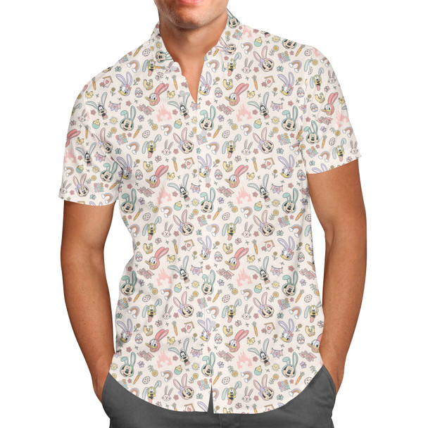 Men's Button Down Short Sleeve Shirt - Mickey & Friends Easter Spring Fun