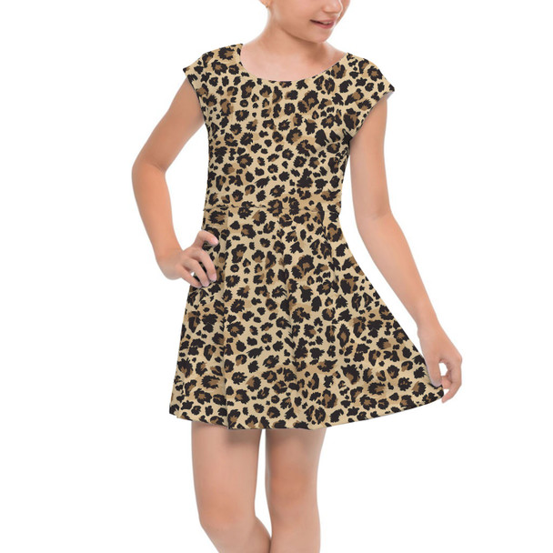 Girls Cap Sleeve Pleated Dress - Animal Print - Cheetah