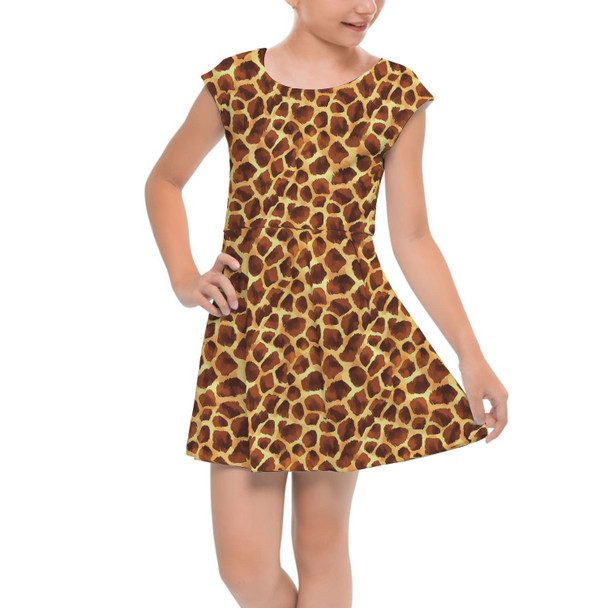 Girls Cap Sleeve Pleated Dress - Animal Print - Giraffe