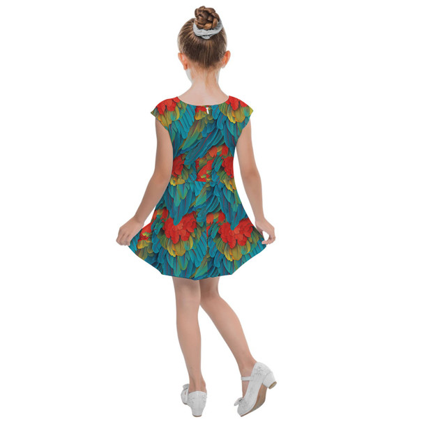 Girls Cap Sleeve Pleated Dress - Animal Print - Macaw Parrot