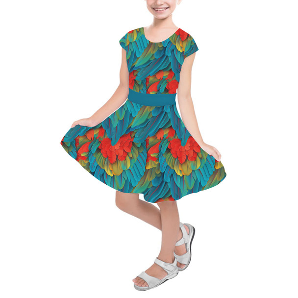 Girls Short Sleeve Skater Dress - Animal Print - Macaw Parrot