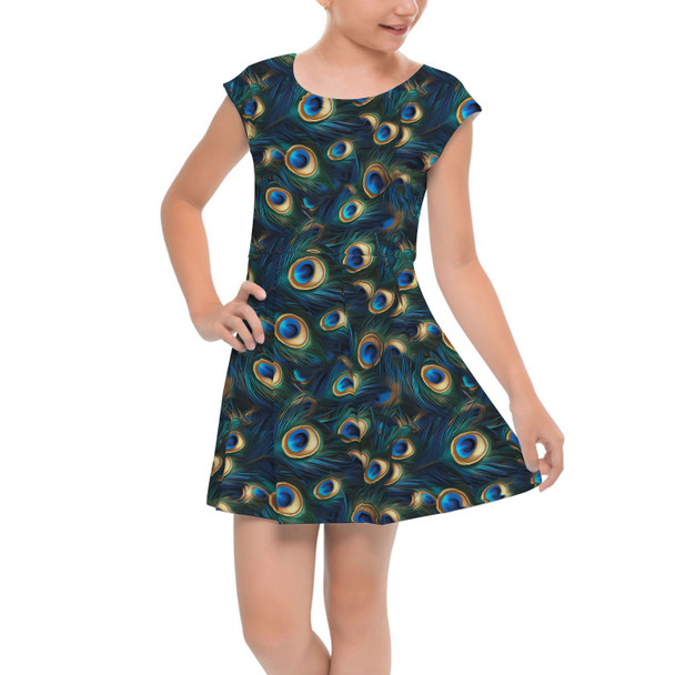 Girls Cap Sleeve Pleated Dress - Animal Print - Peacock