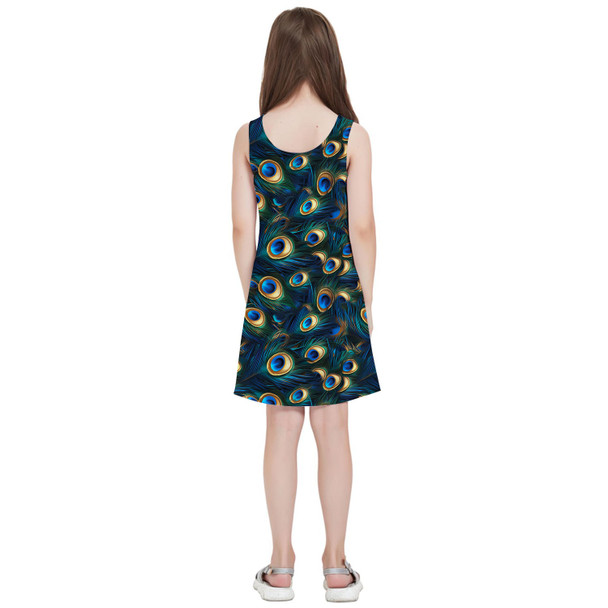 Girls Sleeveless Dress - Animal Print - Peacock