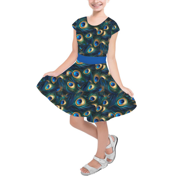 Girls Short Sleeve Skater Dress - Animal Print - Peacock