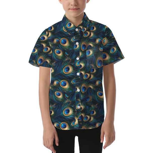 Kids' Button Down Short Sleeve Shirt - Animal Print - Peacock