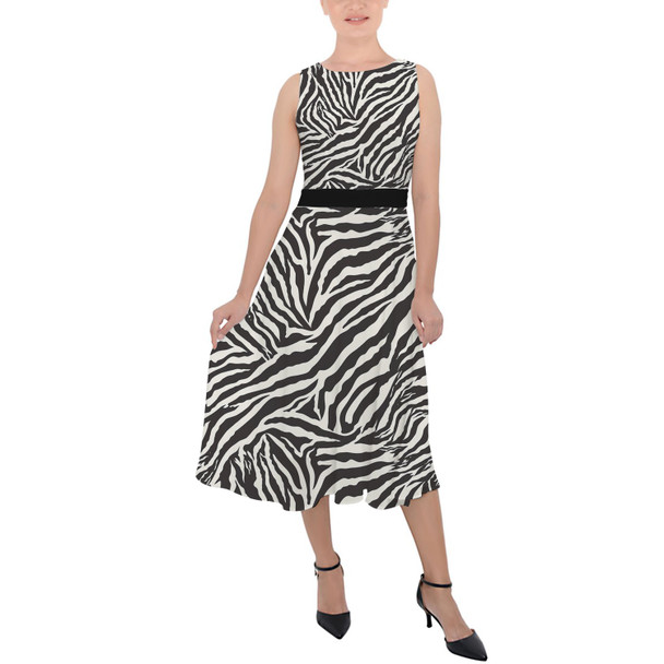 Belted Chiffon Midi Dress - Animal Print - Zebra