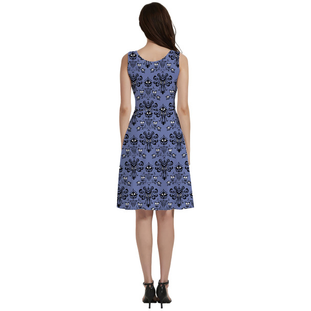 V-Neck Pocket Skater Dress - Haunted Mansion Wallpaper