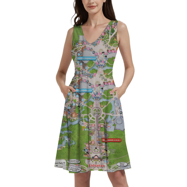 V-Neck Pocket Skater Dress - Magic Kingdom Map