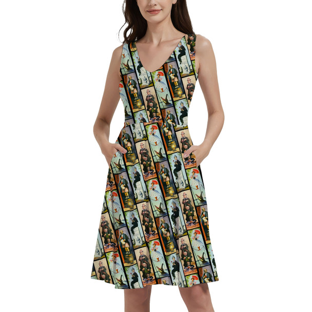 V-Neck Pocket Skater Dress - Haunted Mansion Stretch Paintings