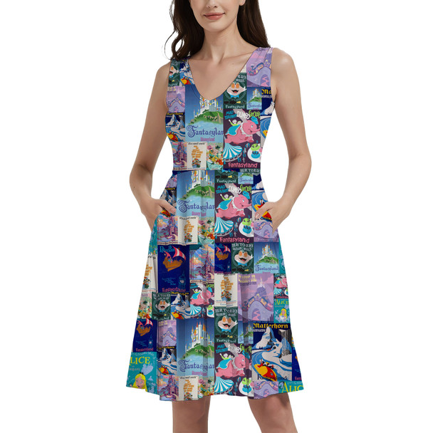 V-Neck Pocket Skater Dress - Fantasyland Vintage Attraction Posters